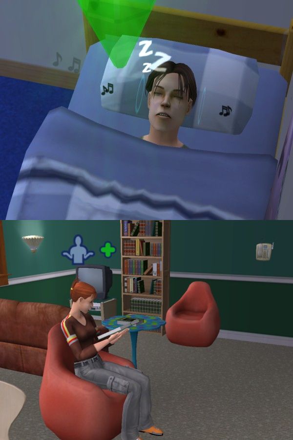 Спишь и слушаешь музыку. Резве плохо?! Главное спать не мешает... А эта... Которая чуть ниже. Скрин-то не прикольный, а вот ситуация... Она засела за книжку, когда у моего сима начался 2-ой курс... и когда он уезжал домой, после окончания - она сидела