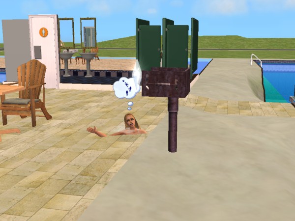 Это симка думает что она в бассейне плавает, и не может до грильницы добраться